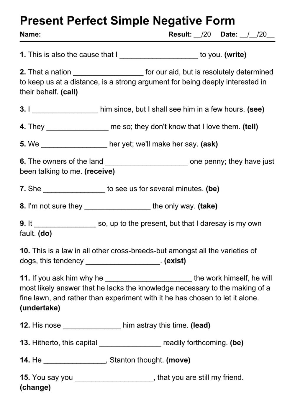 Printable Present Perfect Negative Exercises - PDF Worksheet with Answers - Test 100