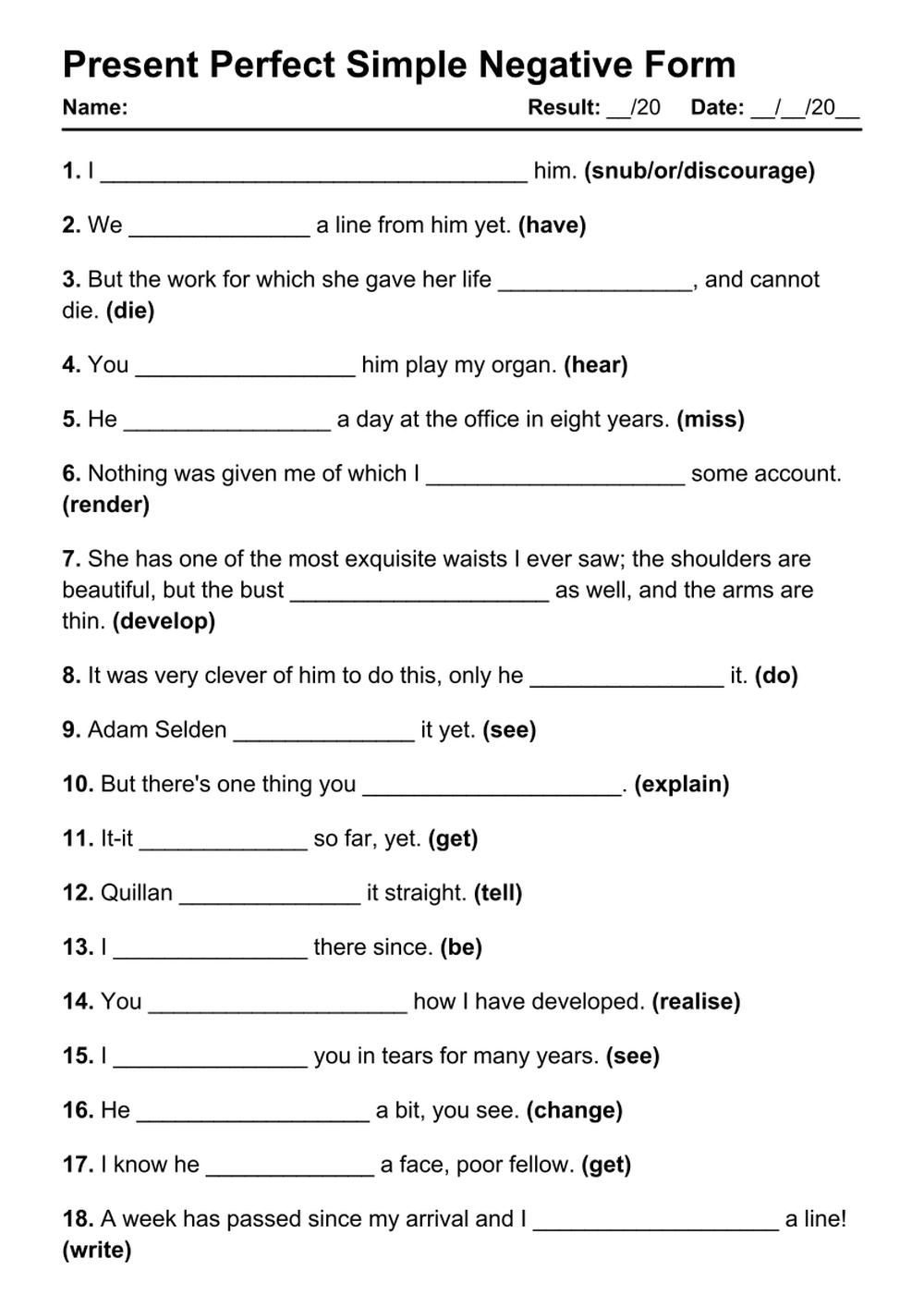Printable Present Perfect Negative Exercises - PDF Worksheet with Answers - Test 34
