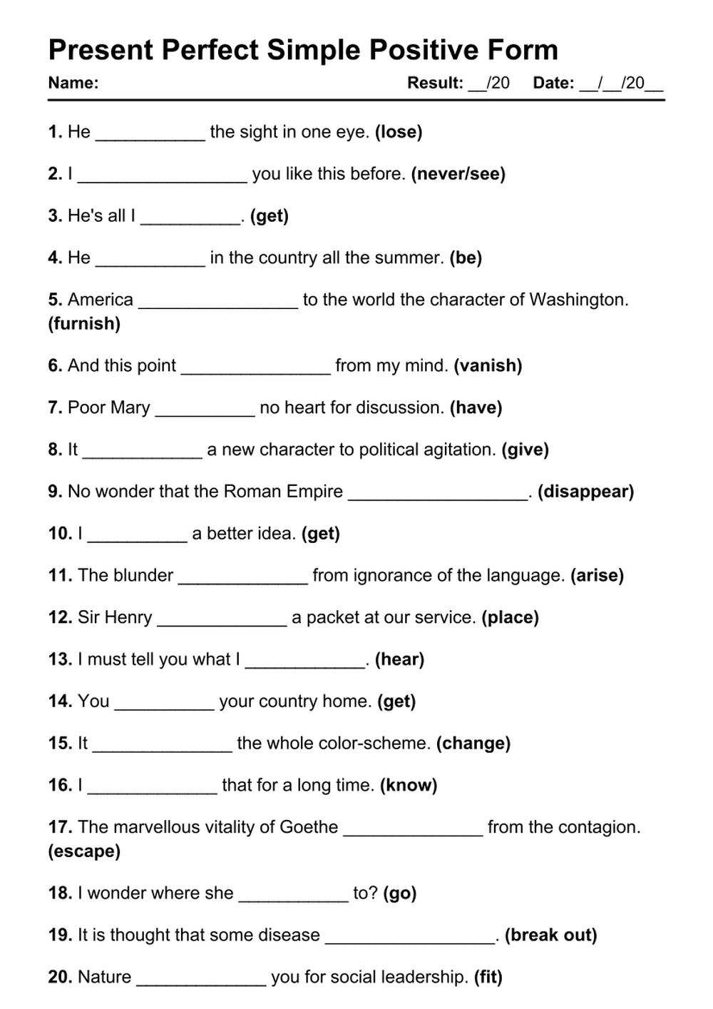 Printable Present Perfect Positive Exercises - PDF Worksheet with Answers - Test 68
