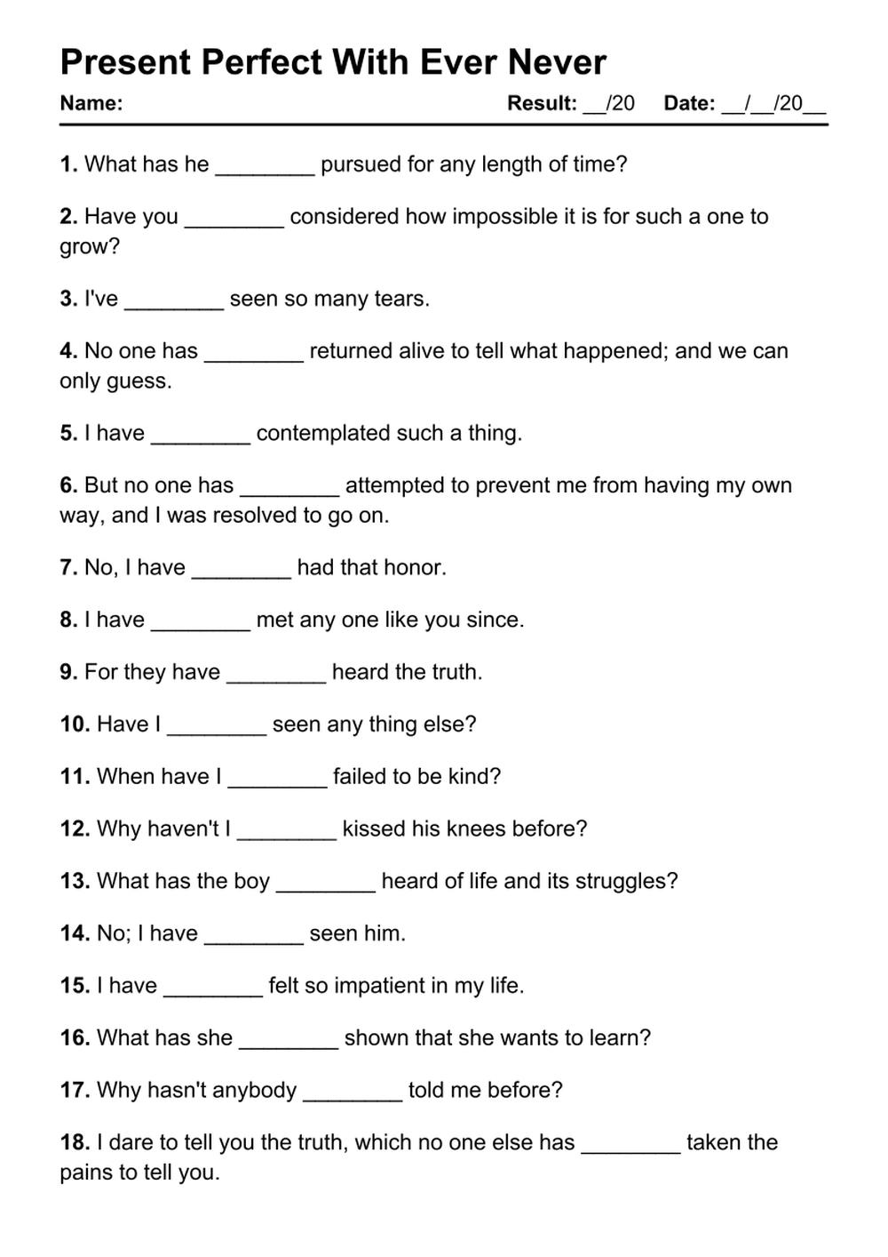 Printable Present Perfect With Ever Never Exercises - PDF Worksheet with Answers - Test 16