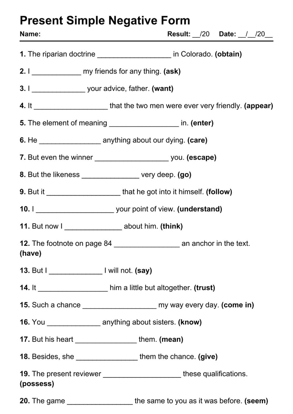 Printable Present Simple Negative Exercises - PDF Worksheet with Answers - Test 77