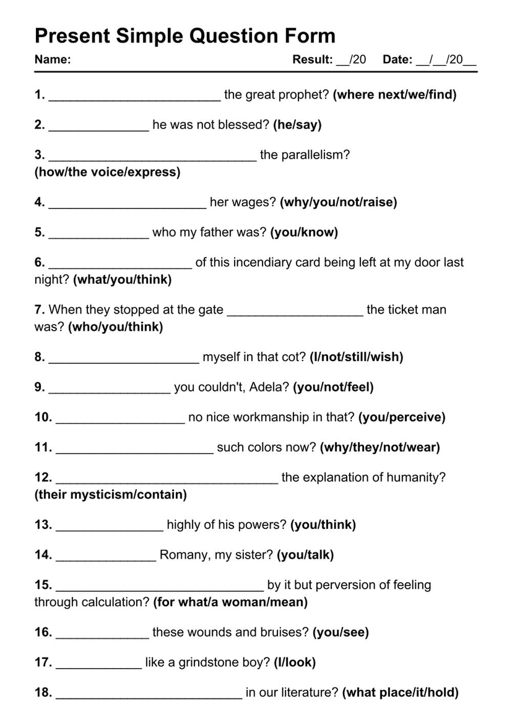 Printable Present Simple Question Exercises - PDF Worksheet with Answers - Test 52