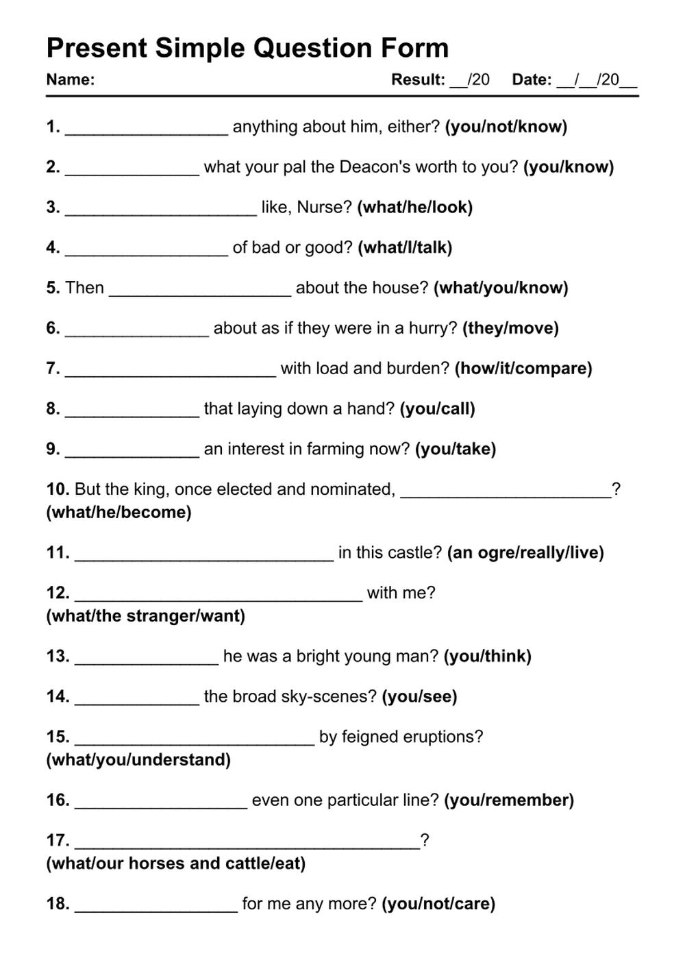 Printable Present Simple Question Exercises - PDF Worksheet with Answers - Test 76