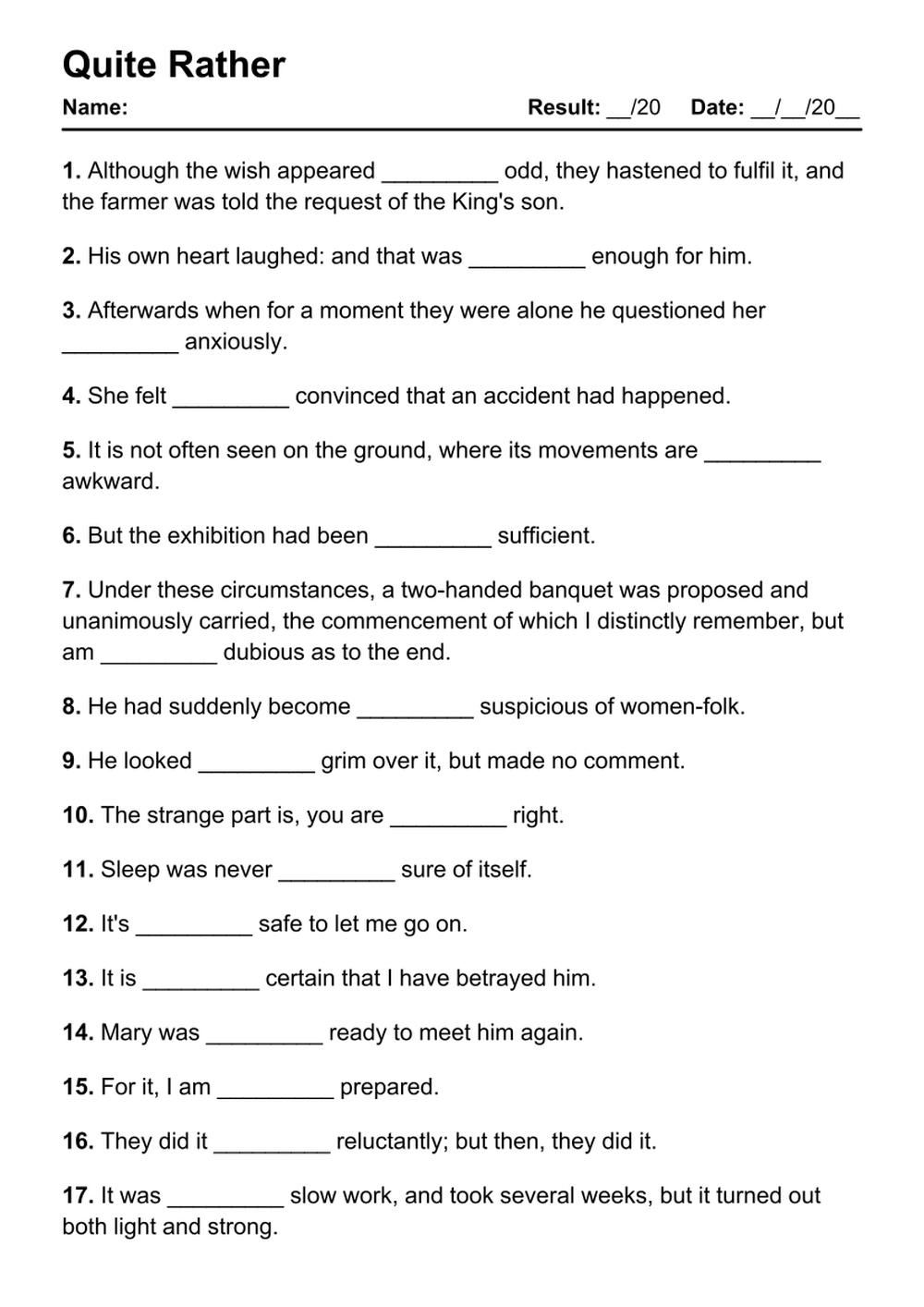 Quite Rather Exercises PDF Worksheet with Answers - Test 9