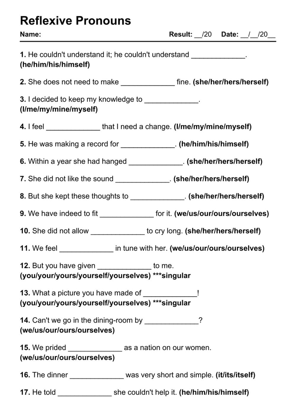 Printable Reflexive Pronouns Exercises - PDF Worksheet with Answers - Test 21