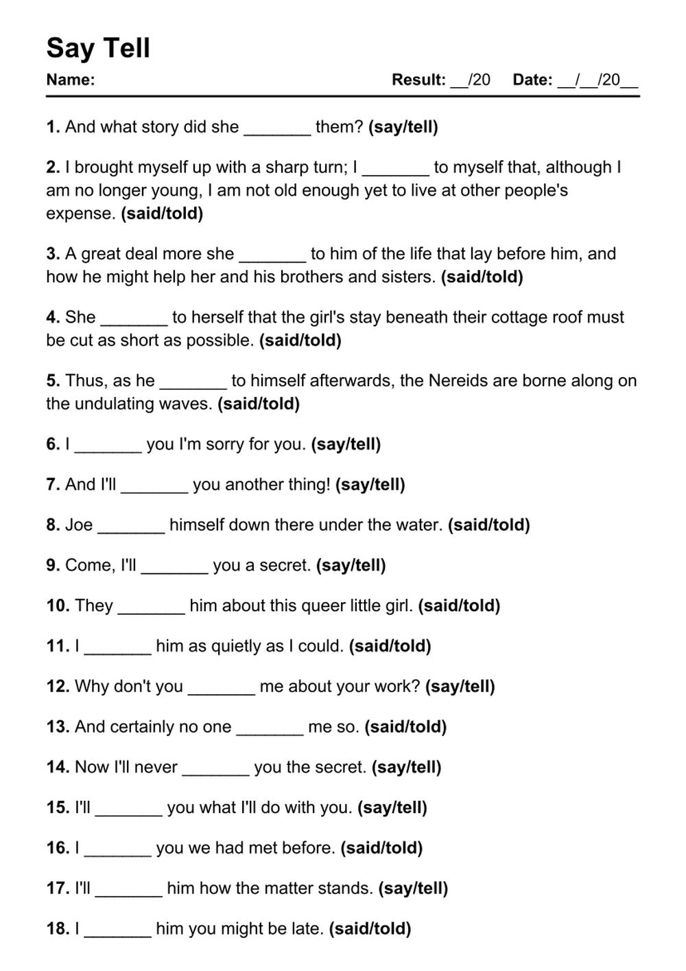 Printable Say Tell Exercises - PDF Worksheet with Answers - Test 28