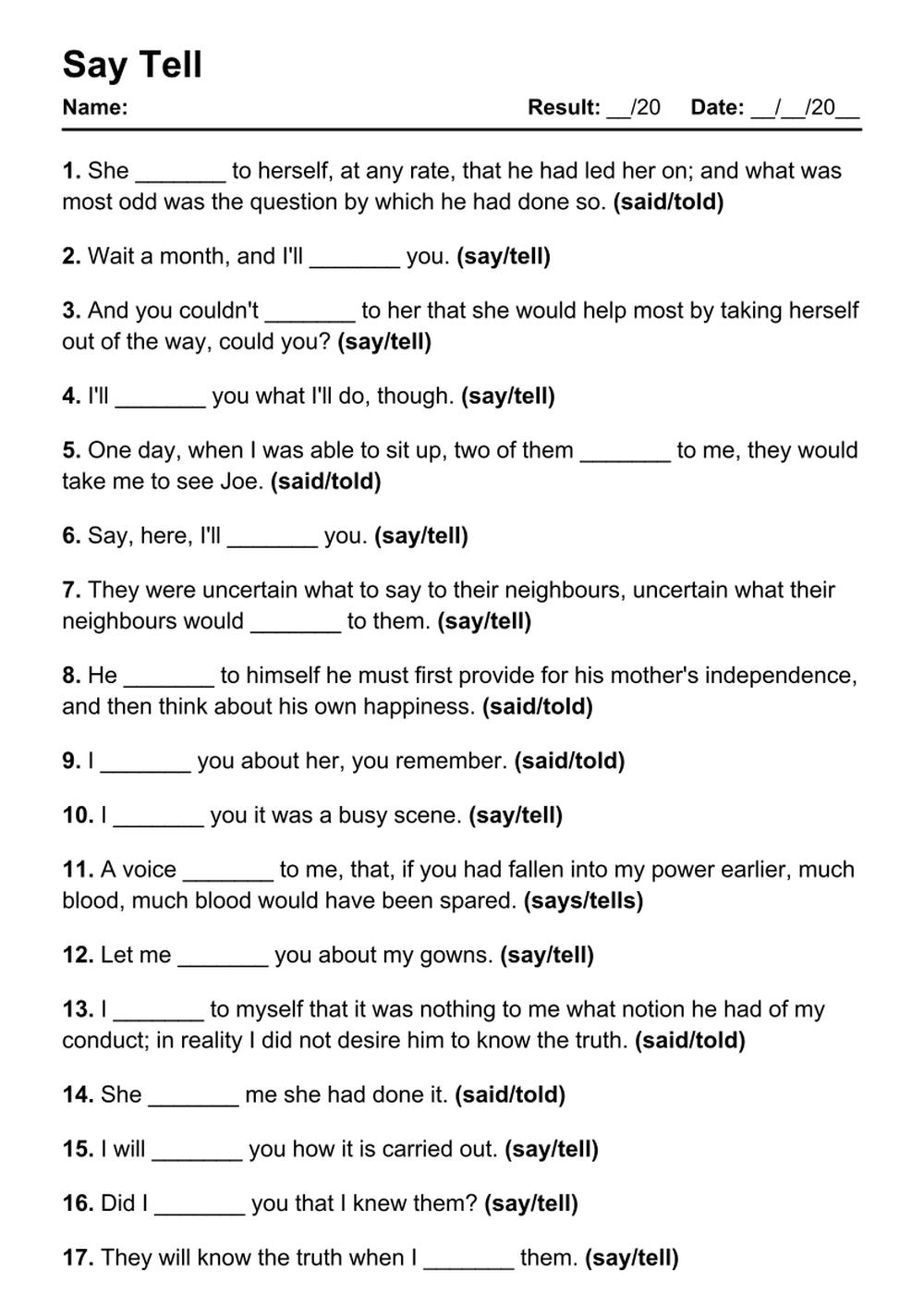 Printable Say Tell Exercises - PDF Worksheet with Answers - Test 56