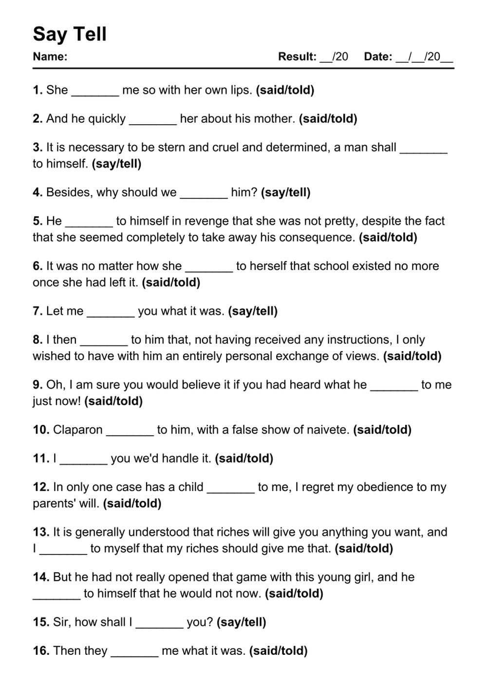 Printable Say Tell Exercises - PDF Worksheet with Answers - Test 75