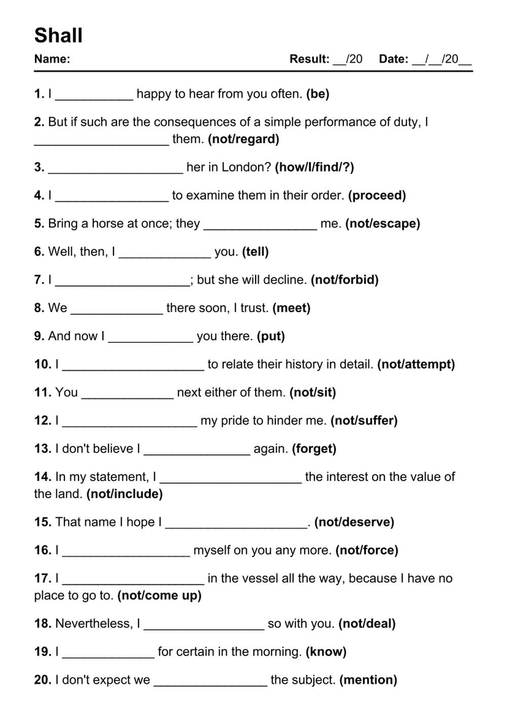 Printable Shall Exercises - PDF Worksheet with Answers - Test 30