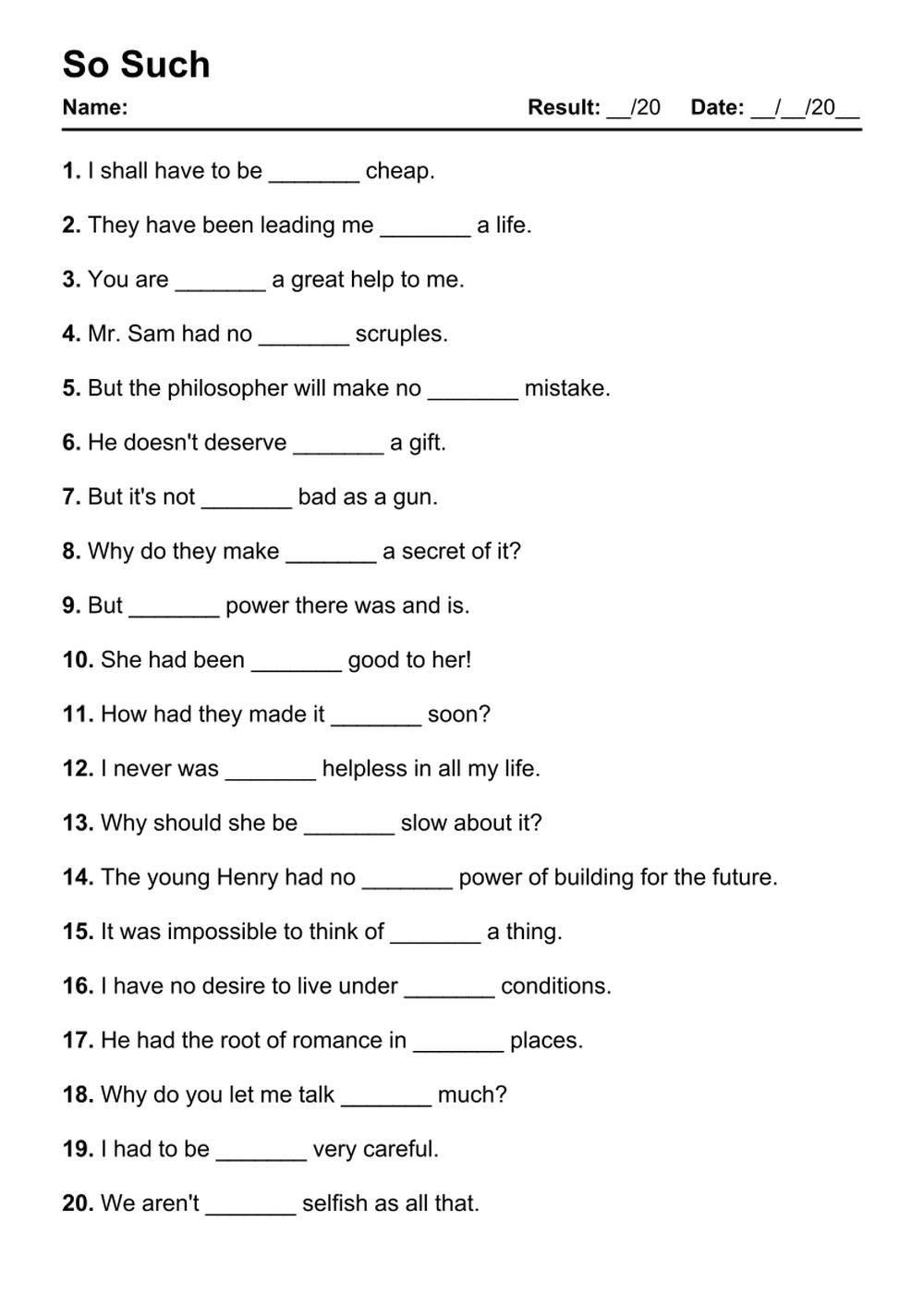 Printable So Such Exercises - PDF Worksheet with Answers - Test 53