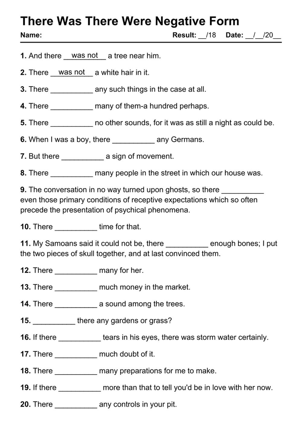 Printable There Was There Were Negative Exercises - PDF Worksheet with Answers - Test 2