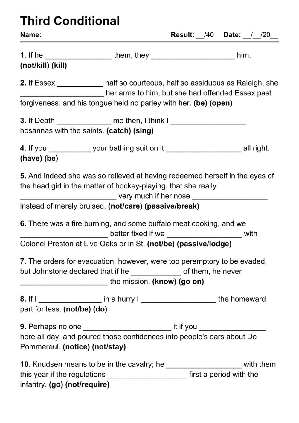 Printable Third Conditional Exercises - PDF Worksheet with Answers - Test 28