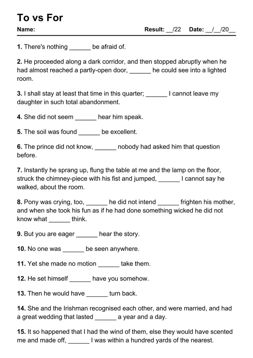 Printable To vs For Exercises - PDF Worksheet with Answers - Test 74