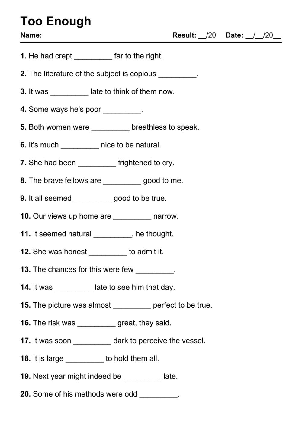 Printable Too Enough Exercises - PDF Worksheet with Answers - Test 13
