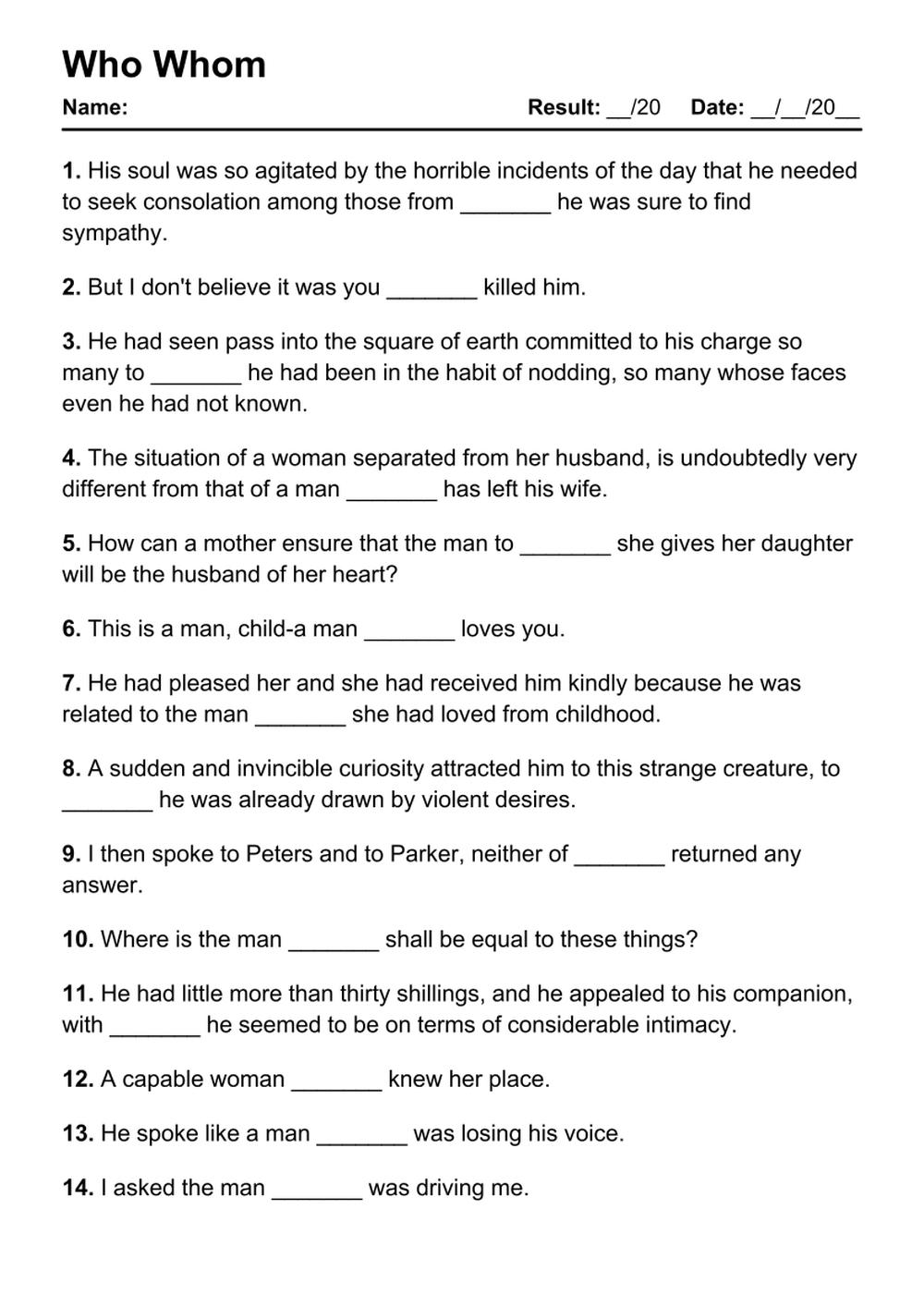 Printable Who Whom Exercises - PDF Worksheet with Answers - Test 32