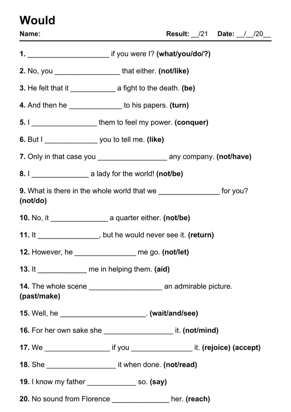 Printable Would Exercises - PDF Worksheet with Answers - Test 57