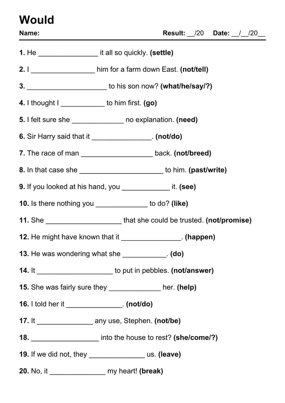 Printable Would Exercises - PDF Worksheet with Answers - Test 70