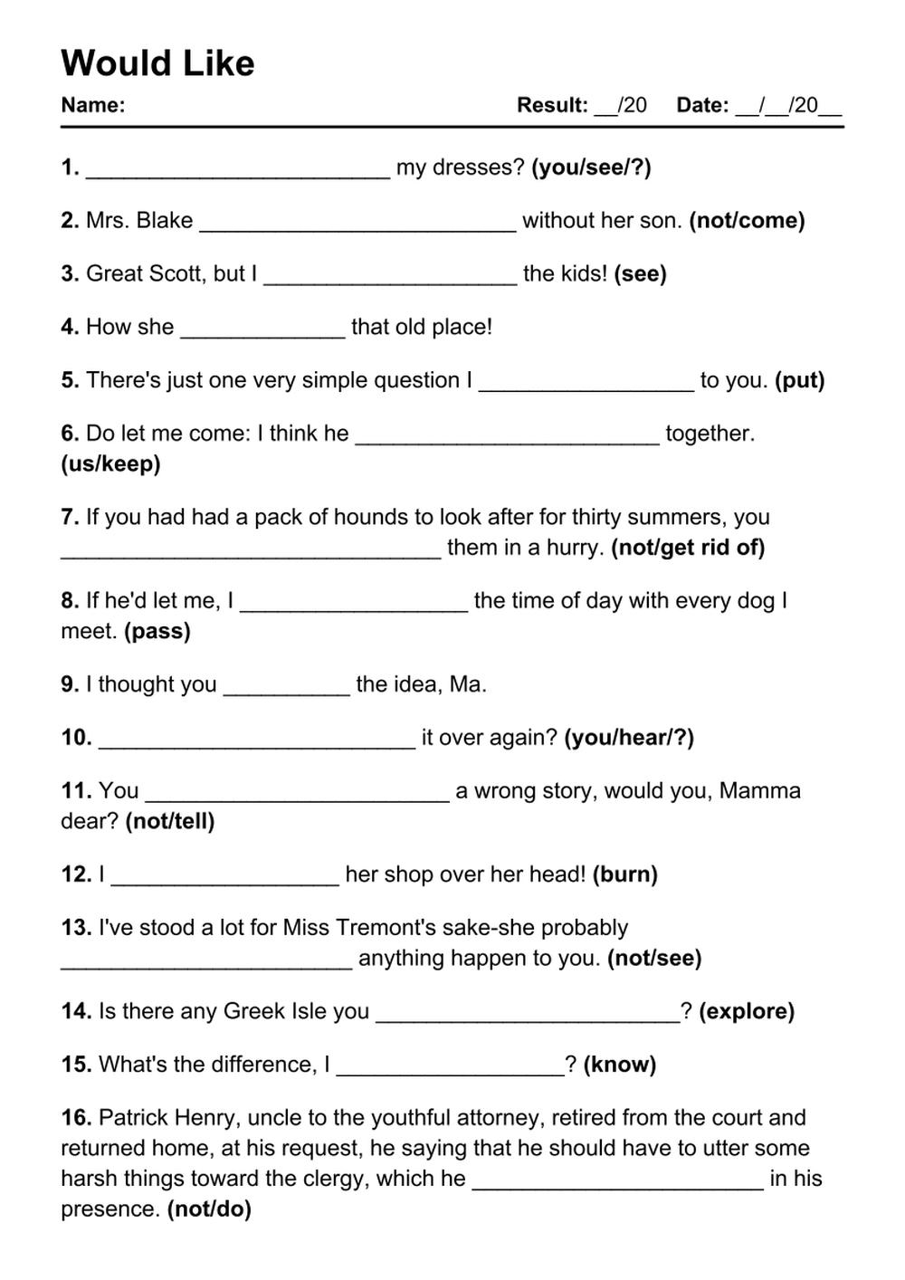 Printable Would Like Exercises - PDF Worksheet with Answers - Test 27