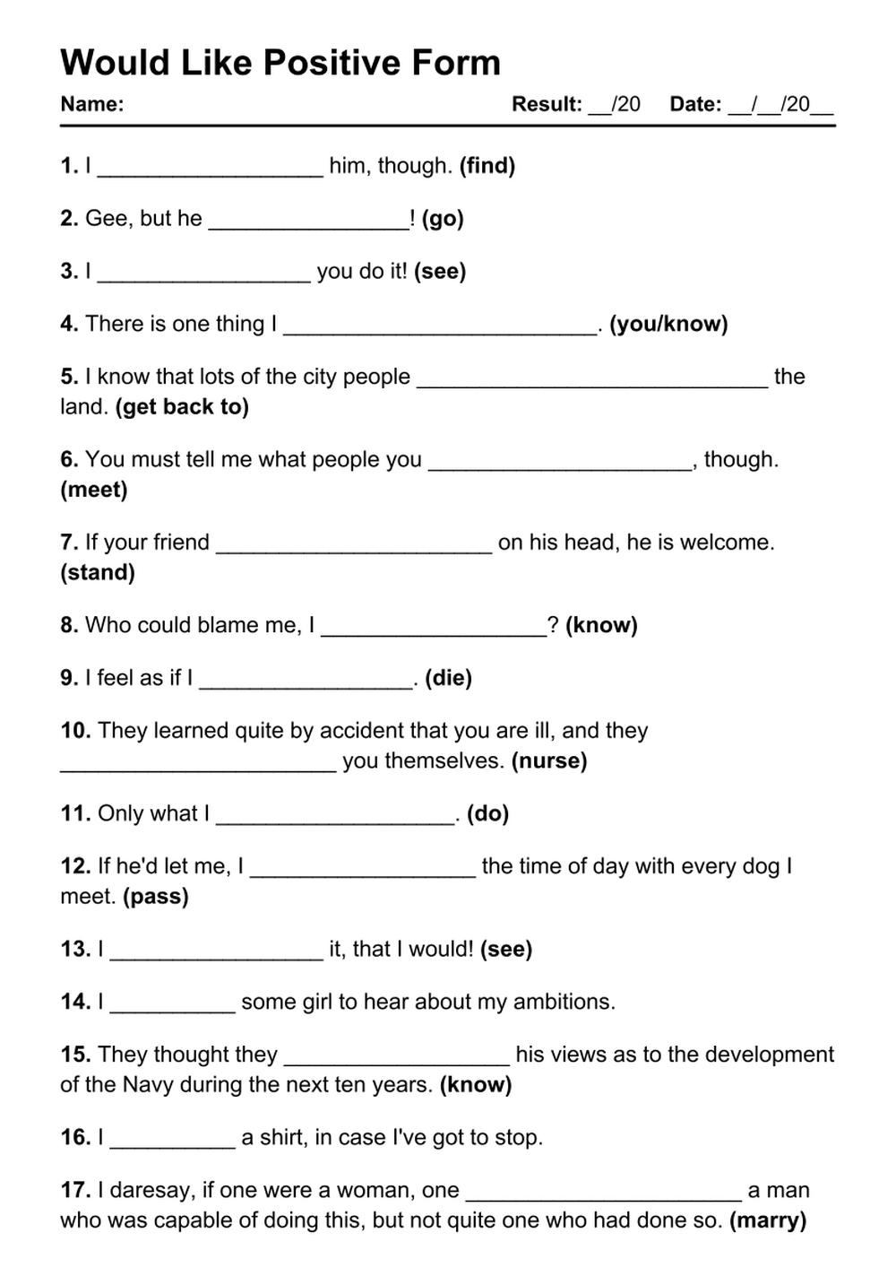 Printable Would Like Positive Exercises - PDF Worksheet with Answers - Test 11