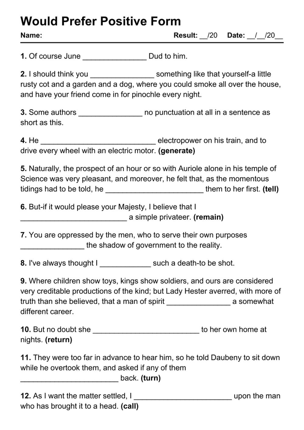 Printable Would Prefer Positive Exercises - PDF Worksheet with Answers - Test 12