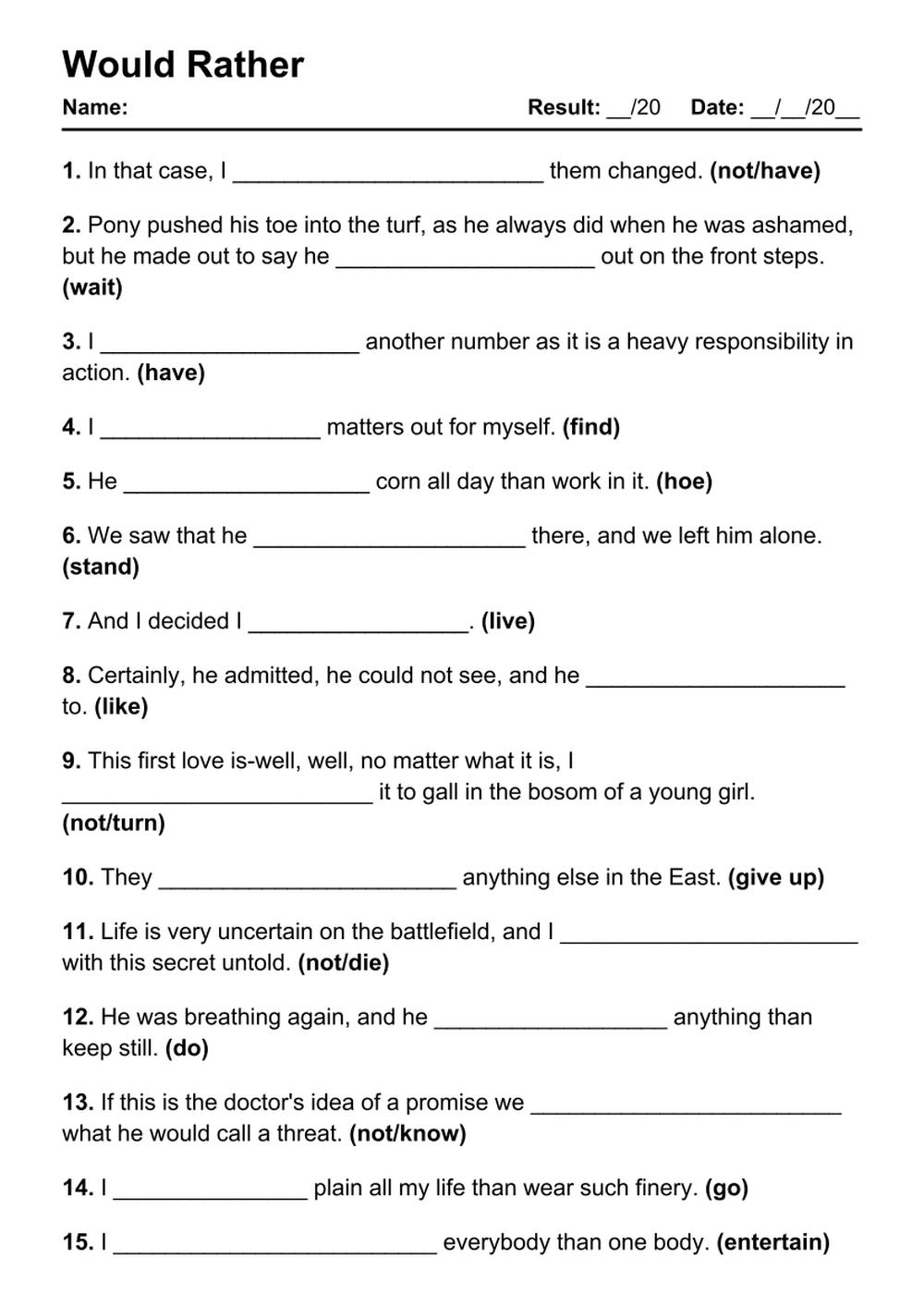 Printable Would Rather Exercises - PDF Worksheet with Answers - Test 12